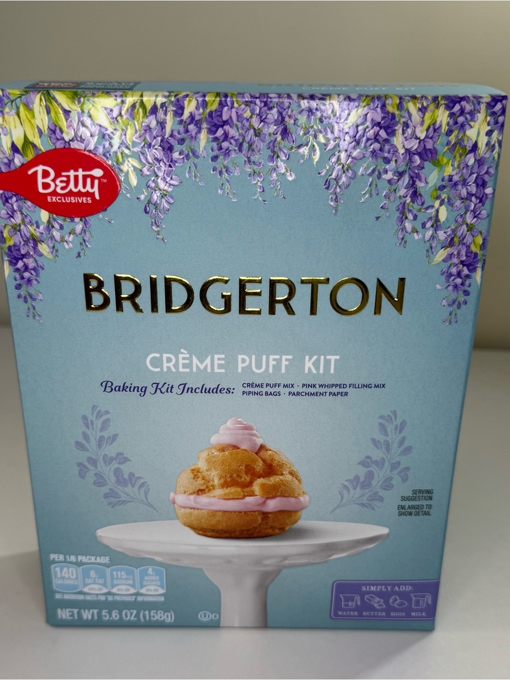 Bridgerton Crème Puff Kit - Light Blue Box with Purple Floral Accents